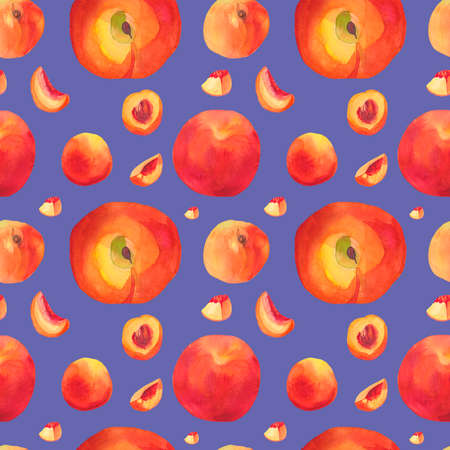 Watercolor seamless pattern with orange peaches on trending color 2022 Very Peri.Summer, botanical,...