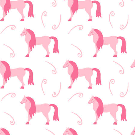 Seamless vector pattern with horses in the trending color pink. Abstract, animalistic, minimalist hand drawn print. Designs for textiles, fabric, wrapping paper, packaging.のイラスト素材