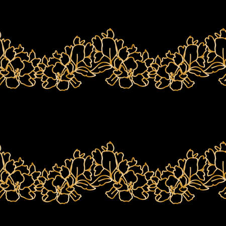 Seamless vector pattern with golden cherry blossoms on a black background. Simple, abstract print...