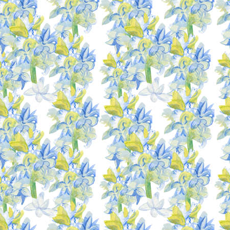 Watercolor seamless patterns with Hyacinths on a white background. Spring, botanical, festive hand painted prints.Designs for wrapping paper, textiles, fabric, wallpaper, packaging.の写真素材