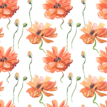 Watercolor seamless patterns with Poppies on white background. Summer, botanical, floral, holiday hand painted prints.Designs for wrapping paper, textiles, fabric, wallpaper, packaging.の写真素材