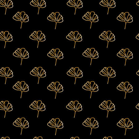 Vector seamless pattern with gold wildflowers on black background in doodle.Textural,botanical,summer print in hand dr style.Design for fabric, wrapping paper ,packaging, textiles, wallpaper.のイラスト素材