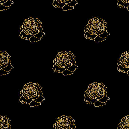 Vector seamless pattern with gold wildflowers on black background in doodle.Textural,botanical,summer print in hand dr style.Design for fabric, wrapping paper ,packaging, textiles, wallpaper.のイラスト素材