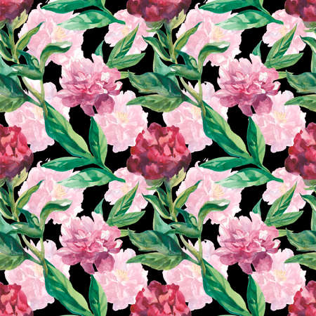 Watercolor seamless pattern with pink peonies on black background. Spring, botanical, floral hand painted print.Designs for scrapbooking, packaging, wrapping paper, social media, textiles, fabric.の写真素材