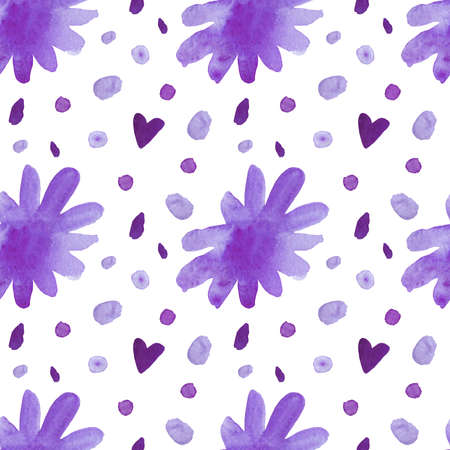 Watercolor seamless Valentine's Day pattern in lilac on white isolated background.Spring,abstract,hand painted floral print.Designs for scrapbooking,packaging,wrapping paper,textiles,fabric.の写真素材