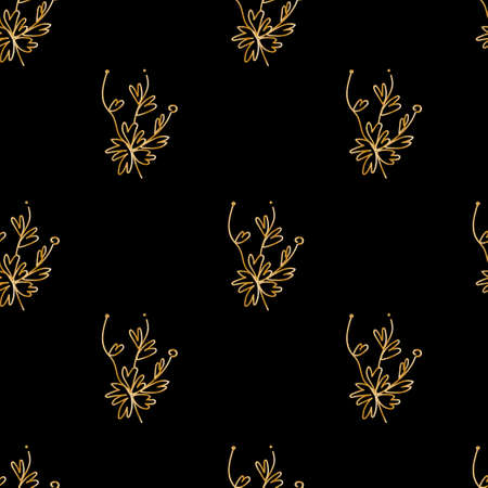 Vector seamless gold floral pattern on black isolated background. Spring, abstract, botanical print hand painted. Designs for scrapbooking, packaging, wrapping paper, social media, textiles, fabric.のイラスト素材