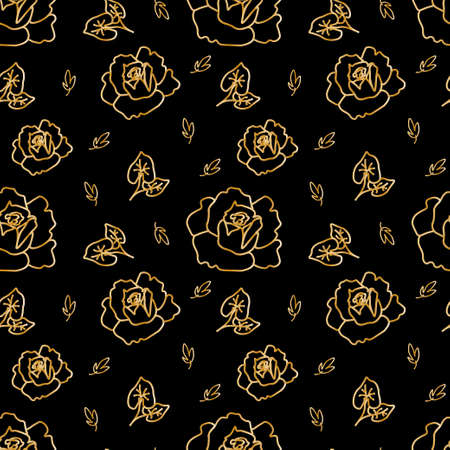 Vector seamless gold floral pattern on black isolated background. Spring, abstract, botanical print hand painted. Designs for scrapbooking, packaging, wrapping paper, social media, textiles, fabric.のイラスト素材