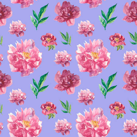 Abstract watercolor with pink peonies seamless pattern on Very Peri isolated background.Textural,botanical,floral hand painted print.Designs for textiles,fabric,wrapping paper,packaging,scrapbooking.の写真素材