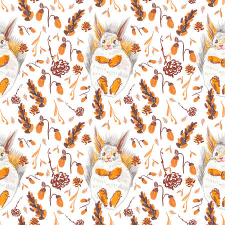 Seamless pattern with squirrel and autumn leaves drawn in wax crayons on white isolated background.Animalistic Thanksgiving print in moderate colors in oil pastel in doodle style.Designs for textiles.の写真素材