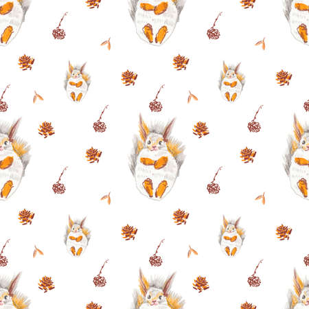 Seamless pattern with squirrel and autumn leaves drawn in wax crayons on white isolated background.Animalistic Thanksgiving print in moderate colors in oil pastel in doodle style.Designs for textiles.の写真素材