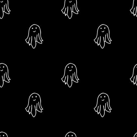 Vector seamless Halloween pattern with white line on black background.Festive,modern,horror,mystical print in doodle style.Designs for wrapping paper, packaging,cards,notebook covers,textiles,fabric.のイラスト素材