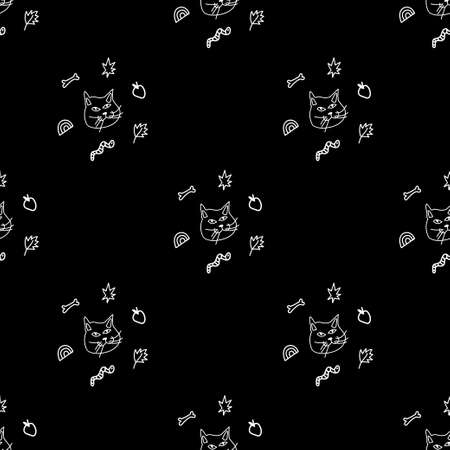 Vector seamless Halloween pattern with white line on black background.Festive,modern,horror,mystical print in doodle style.Designs for wrapping paper, packaging,cards,notebook covers,textiles,fabric.のイラスト素材