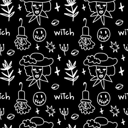 Vector seamless Halloween pattern with white line on black background.Festive,modern,horror,mystical print in doodle style.Designs for wrapping paper, packaging,cards,notebook covers,textiles,fabric.のイラスト素材