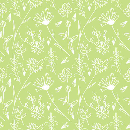 Vector seamless floral pattern in white line on lime background.Repeating botanical print in a minimalist style in bright modern colors.Designs for textiles,wallpaper,fabric,wrapping paper,packaging.のイラスト素材