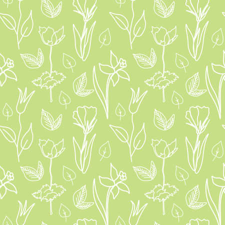 Vector seamless floral pattern in white line on lime background.Repeating botanical print in a minimalist style in bright modern colors.Designs for textiles,wallpaper,fabric,wrapping paper,packaging.のイラスト素材