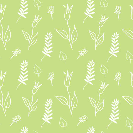 Vector seamless floral pattern in white line on lime background.Repeating botanical print in a minimalist style in bright modern colors.Designs for textiles,wallpaper,fabric,wrapping paper,packaging.のイラスト素材