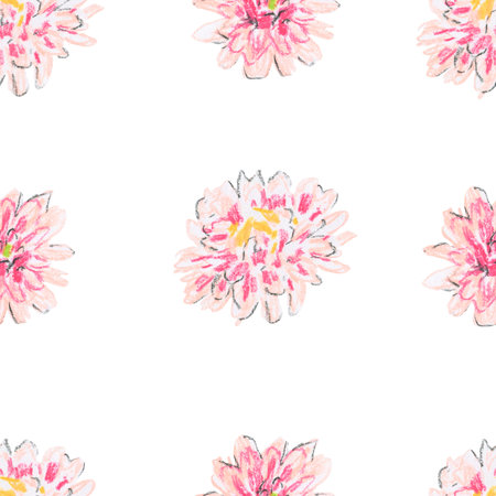 Floral seamless pattern on an isolated white background. Repeating flowers drawn with wax crayons. Oil pastel printの写真素材
