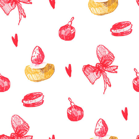 Seamless pattern with Christmas food on white isolated background hand drawn with wax crayons. New Year elements with oil pastels.の写真素材