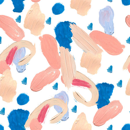 Acrylic seamless pattern with paint spots on white insulated background. Abstract, textural repeating pattern. Design for textiles, wrapping paper and wallpaper.の写真素材