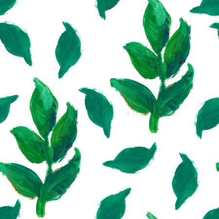 Acrylic seamless pattern with green forest plants on white isolated background. Woodland, textural repeating pattern. Design for textiles, wrapping paper and wallpaper.の写真素材