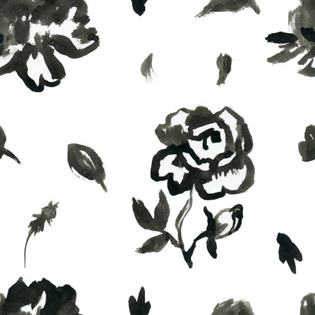 Black ink and flowers seamless pattern on white isolated background. Floral and botanical repeating pattern. Design for textiles, wrapping paper and wallpaper.の写真素材