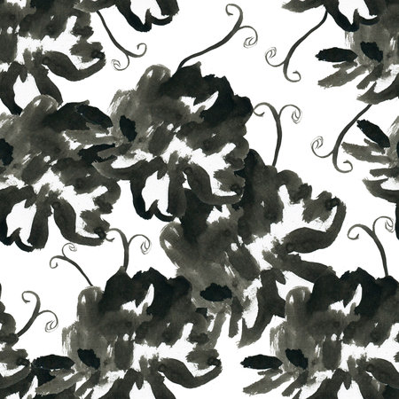 Black ink and flowers seamless pattern on white isolated background. Floral and botanical repeating pattern. Design for textiles, wrapping paper and wallpaper.の写真素材