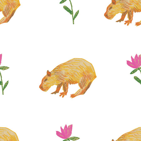 Capybaras in pink flowers wax crayons seamless pattern on white isolated background. Textural and animalistic repeating pattern. Design for textiles, wrapping paper and wallpaper.の写真素材