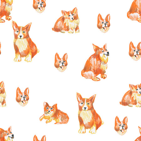 Orange corgi seamless pattern on white isolated background. Textural and animalistic repeating pattern. Design for textiles, wrapping paper and wallpaper.の写真素材