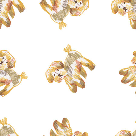 Brown maltipoo crayons seamless pattern on white isolated background. Textural and animalistic repeating pattern. Design for textiles, wrapping paper and wallpaper.の写真素材