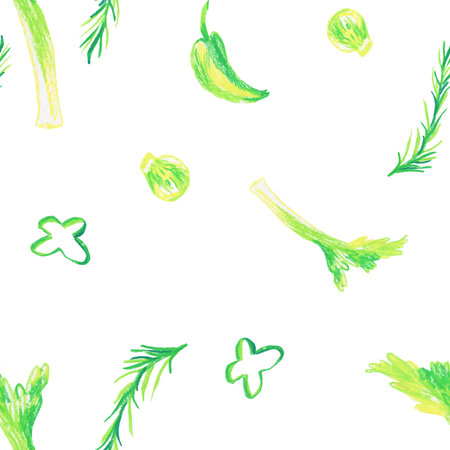 Green vegetables wax crayon seamless pattern on white isolated background. Textural and food repeating pattern. Design for textiles, wrapping paper and wallpaper.の写真素材