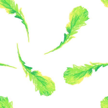 Green vegetables wax crayon seamless pattern on white isolated background. Textural and food repeating pattern. Design for textiles, wrapping paper and wallpaper.の写真素材