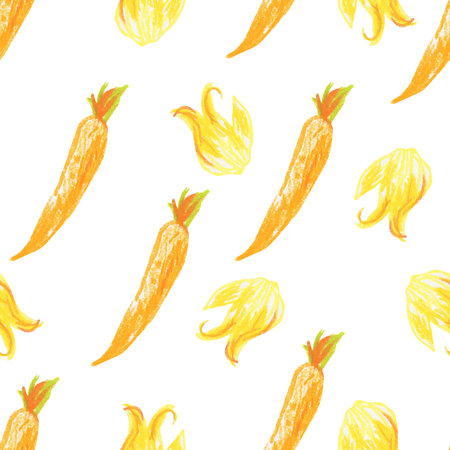 Orange and yellow vegetables seamless pattern on white isolated background. Textural and food...