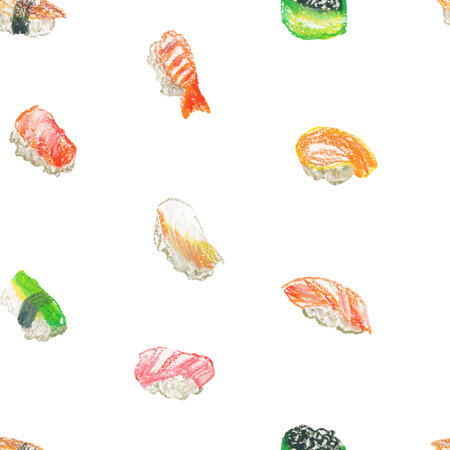 Asian food wax crayons seamless pattern on white isolated background. Textural and cooking food repeating pattern. Design for textiles, wrapping paper and wallpaper.の写真素材
