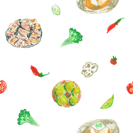 Asian food wax crayons seamless pattern on white isolated background. Textural and cooking food repeating pattern. Design for textiles, wrapping paper and wallpaper.の写真素材