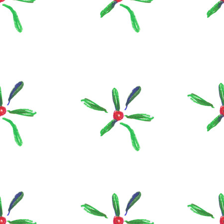 Red cranberries with green leaves wax crayons seamless pattern on white isolated background. Textural and botanical ornament repeating pattern. Design for textiles, wrapping paper and wallpaper.の写真素材