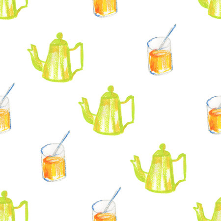 Wax crayons seamless pattern on white insulated background. Textural and food repeating pattern. Design for textiles, wrapping paper and wallpaper.の写真素材