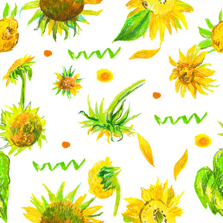 Autumn sunflowers wax crayons seamless pattern on white isolated background. Textural and botanical repeating pattern. Design for textiles, wrapping paper and wallpaper.の写真素材
