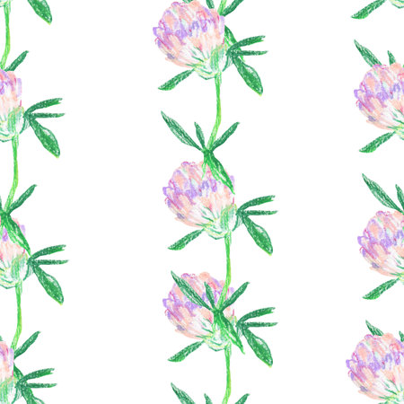 Purple flowers wax crayons seamless pattern on white isolated background. Textural and botanical repeating pattern. Design for textiles, wrapping paper and wallpaper.の写真素材