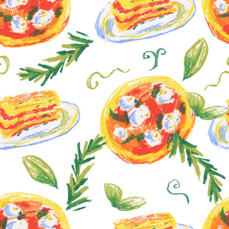 Italian food wax crayons seamless pattern on white insulated background. Textural and kitchen repeating pattern. Design for textiles, wrapping paper and wallpaper.の写真素材