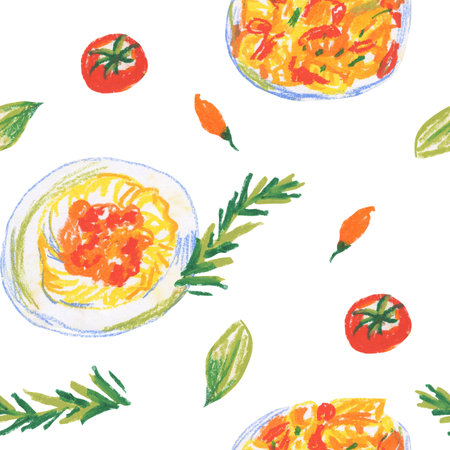 Italian food wax crayons seamless pattern on white insulated background. Textural and kitchen repeating pattern. Design for textiles, wrapping paper and wallpaper.の写真素材