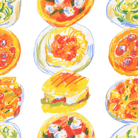 Italian food wax crayons seamless pattern on white insulated background. Textural and kitchen repeating pattern. Design for textiles, wrapping paper and wallpaper.の写真素材