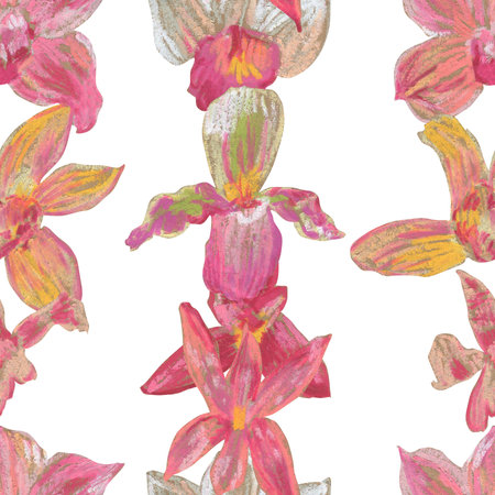Orchid flowers wax crayons seamless pattern on white isolated background. Textural and botanical repeating pattern. Spring Asian Flowers design for textiles, wrapping paper and wallpaper.の写真素材