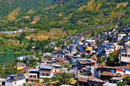 Aerial view of a vibrant town on Lake Atitlan in Guatemalaの写真素材