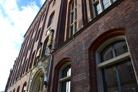 Upwards view of a historic business in Hamburg, Germanyの写真素材