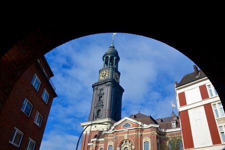 Unique perspective of Saint Michael's Church in Hamburg, Germany