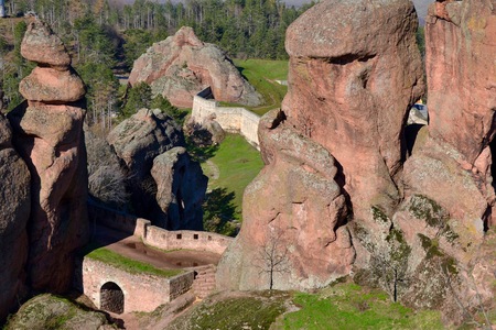 The unique Rick formations towering above the Fortress in Belogradchik, Bulgariaの写真素材