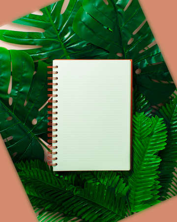Creative layout made of colorful green tropical leaves and palms on beige background. Minimal business exotic concept with copy space. Border arrangement background.の写真素材