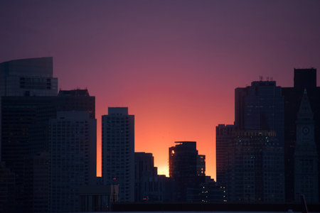 City skyline at sunset, with a colourful viewの写真素材
