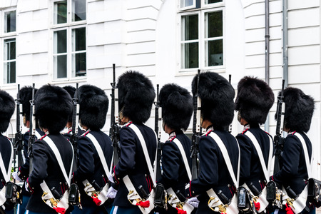 The royal guard of Denmark changing, in Copenhagen, with fluffy hats