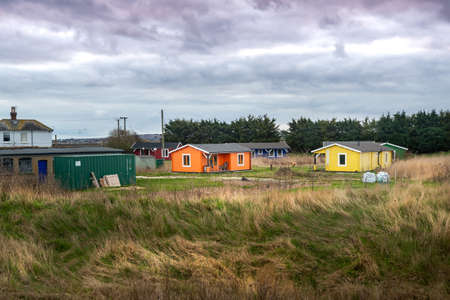 Cabins at The Sportsman Pub, Whitstable, Kent, England, UK.のeditorial素材